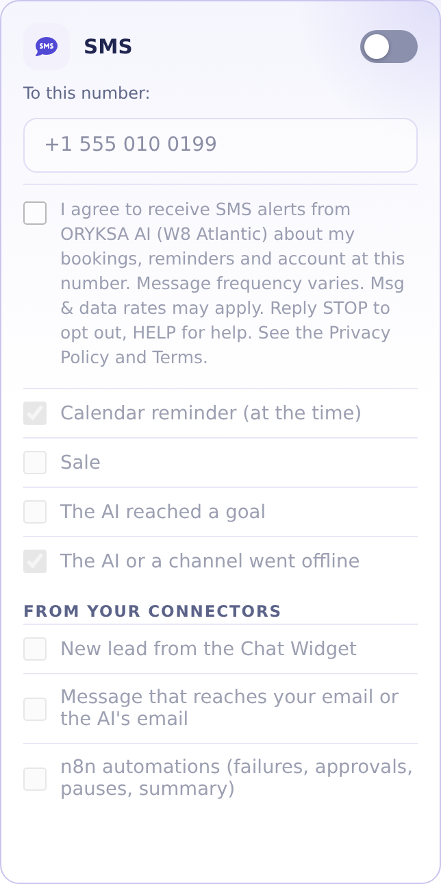 A caixa de seleção para SMS nas configurações da conta ORYKSA